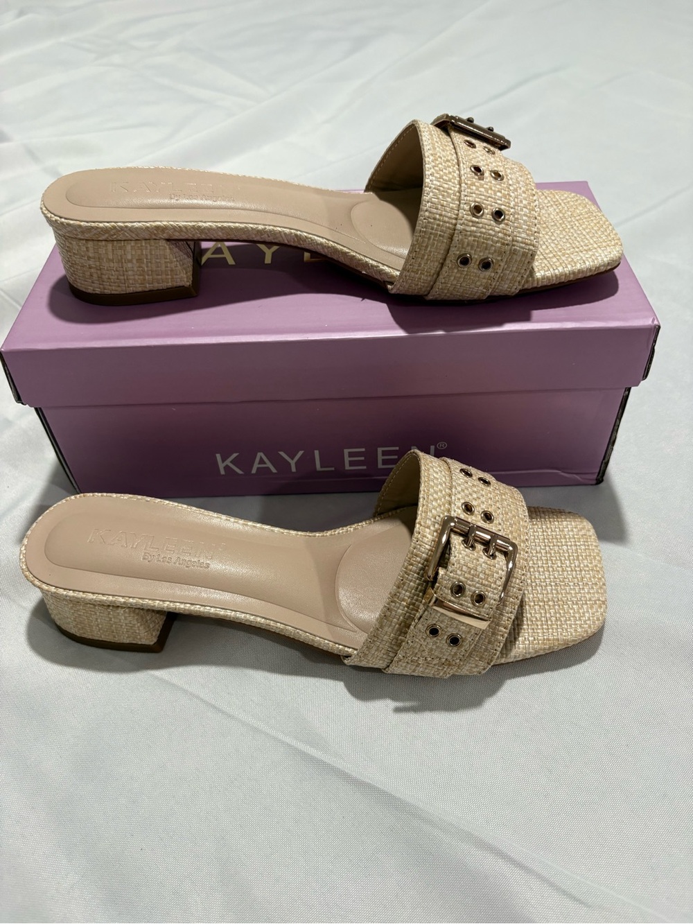 KAYLEEN By Los Angeles Beige Woven Buckle Slide Mules